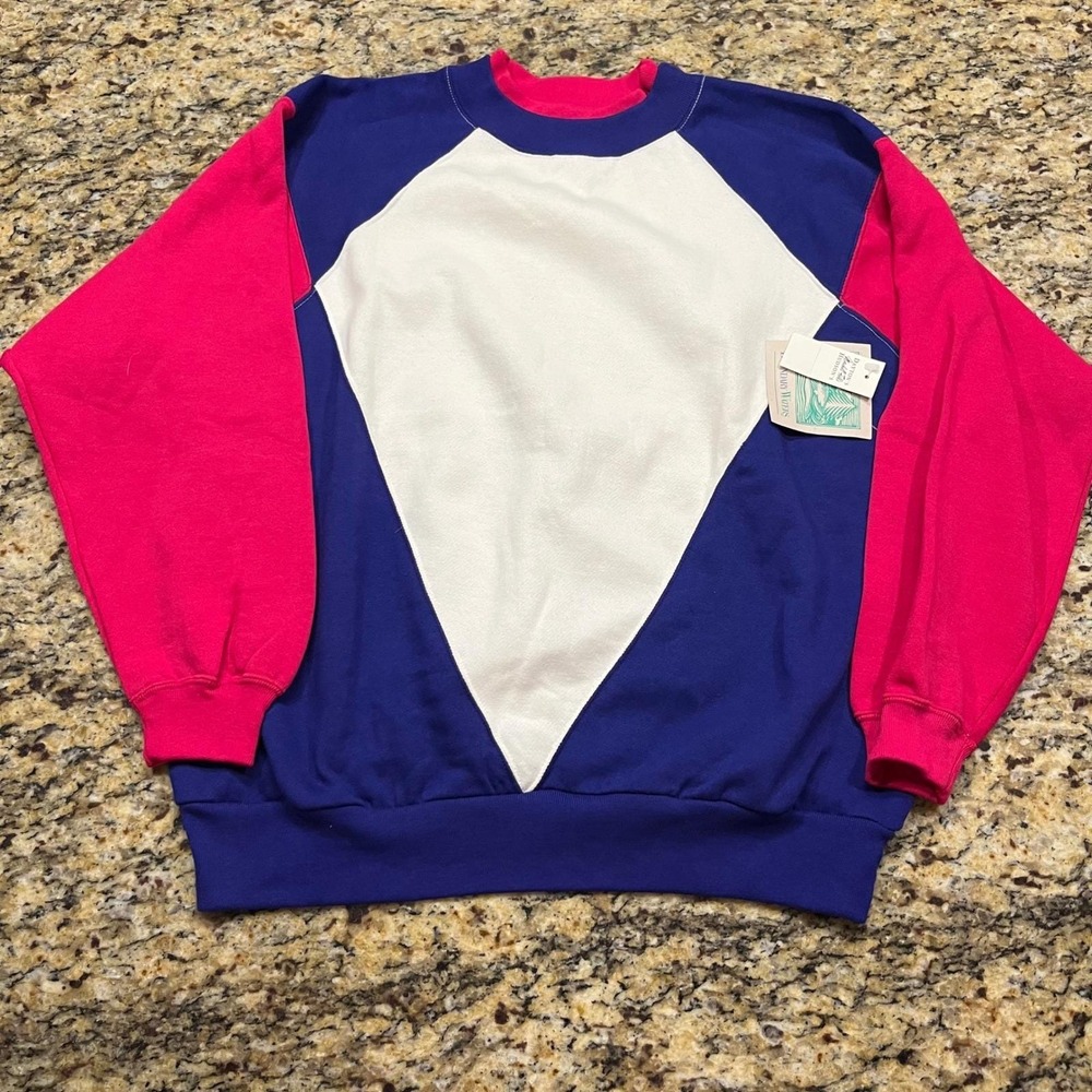 NEW Vintage Boundary Waters Colorblock Sweatshirt Blue Pink White Retro 80s  M